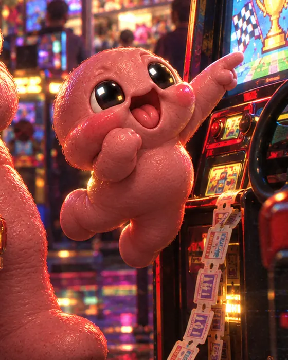 Lil John mid-jump at an arcade machine, pointing at the screen, mouth wide open